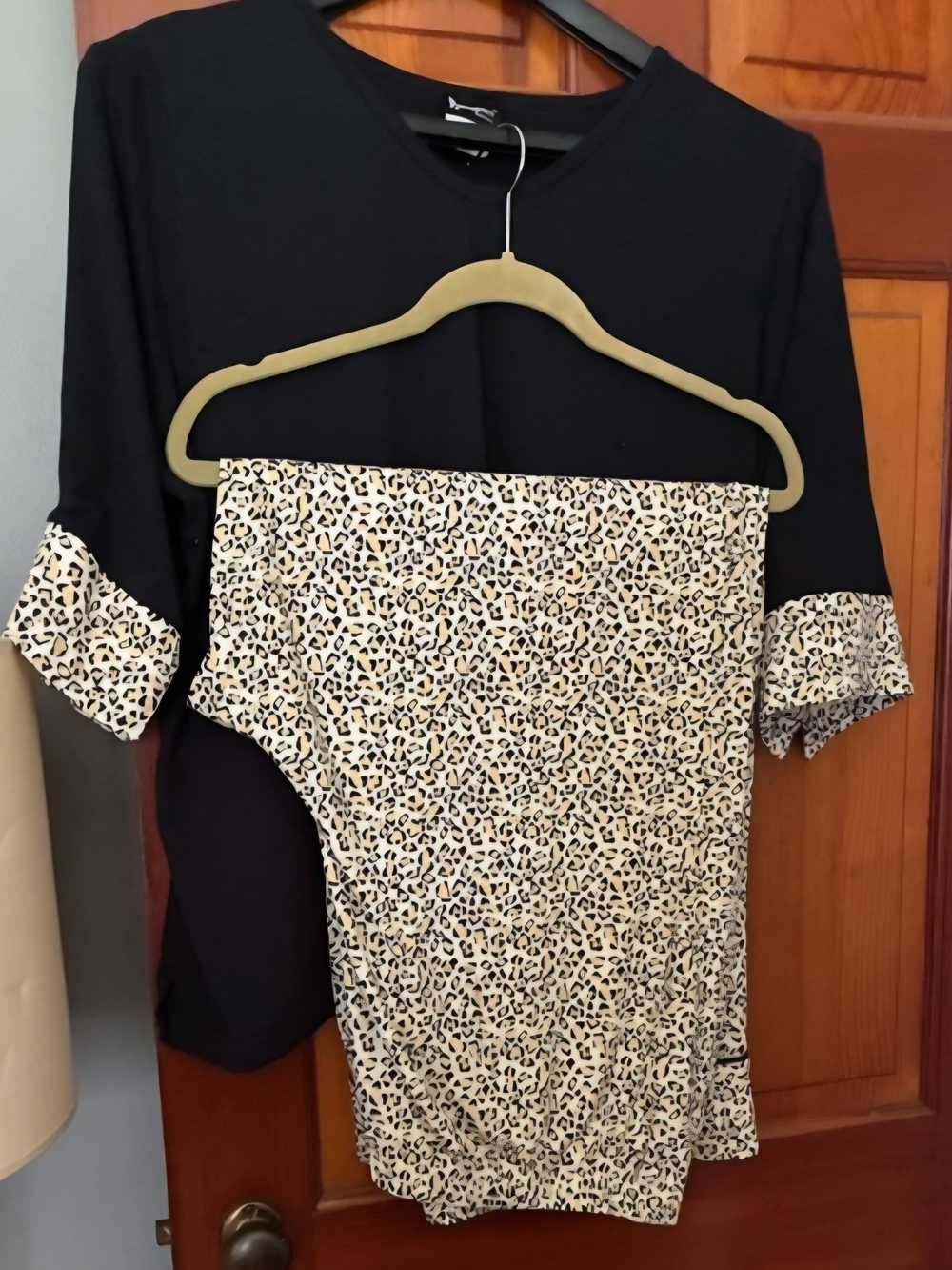 Waffle Knit Leopard Trim Pajama Set - Black & Cream